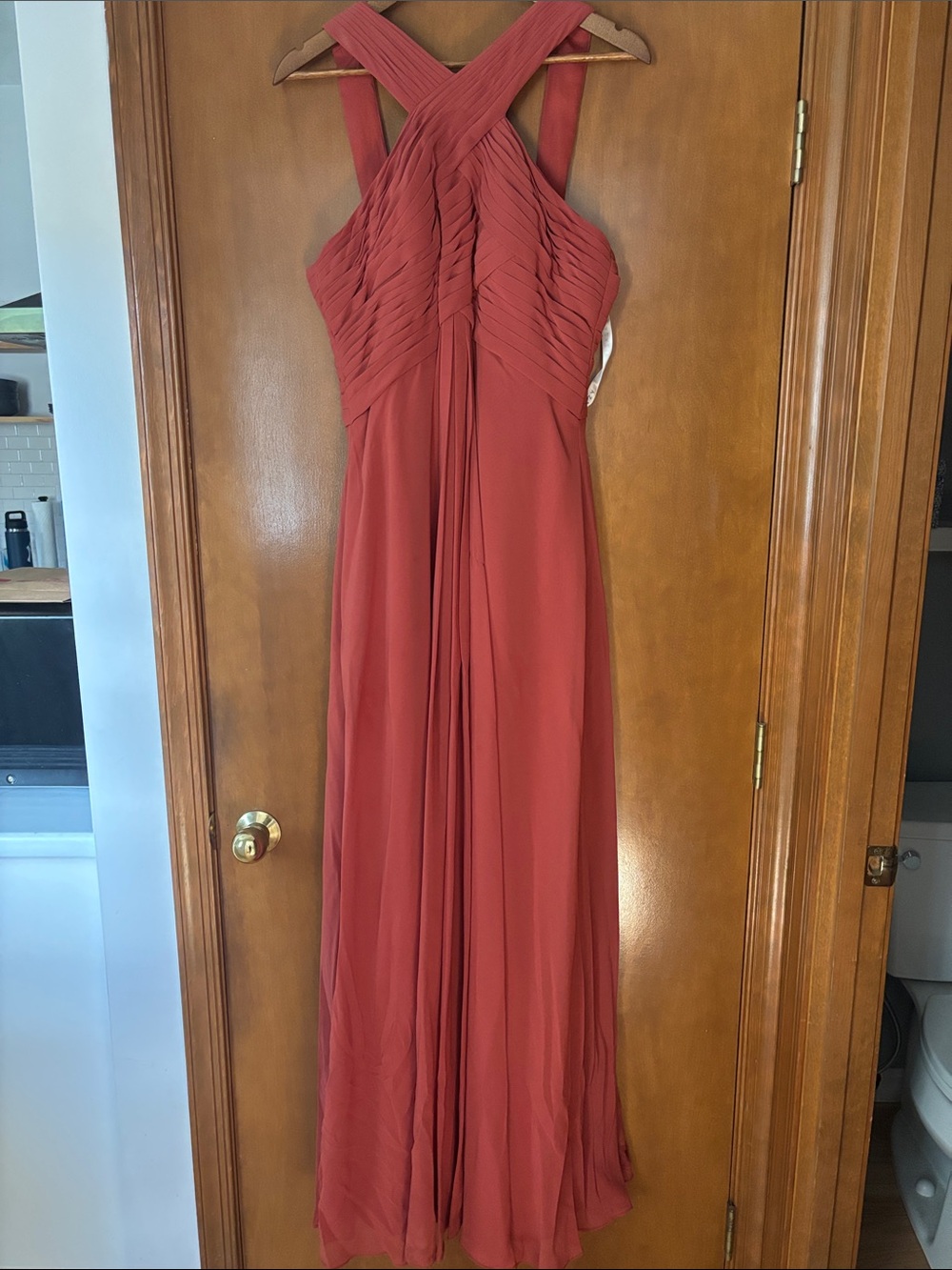 Azazie Rust Cross-Back Pleated Maxi Dress